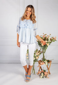 Light Blue Linen Look Blouse with Embroidered Detailing