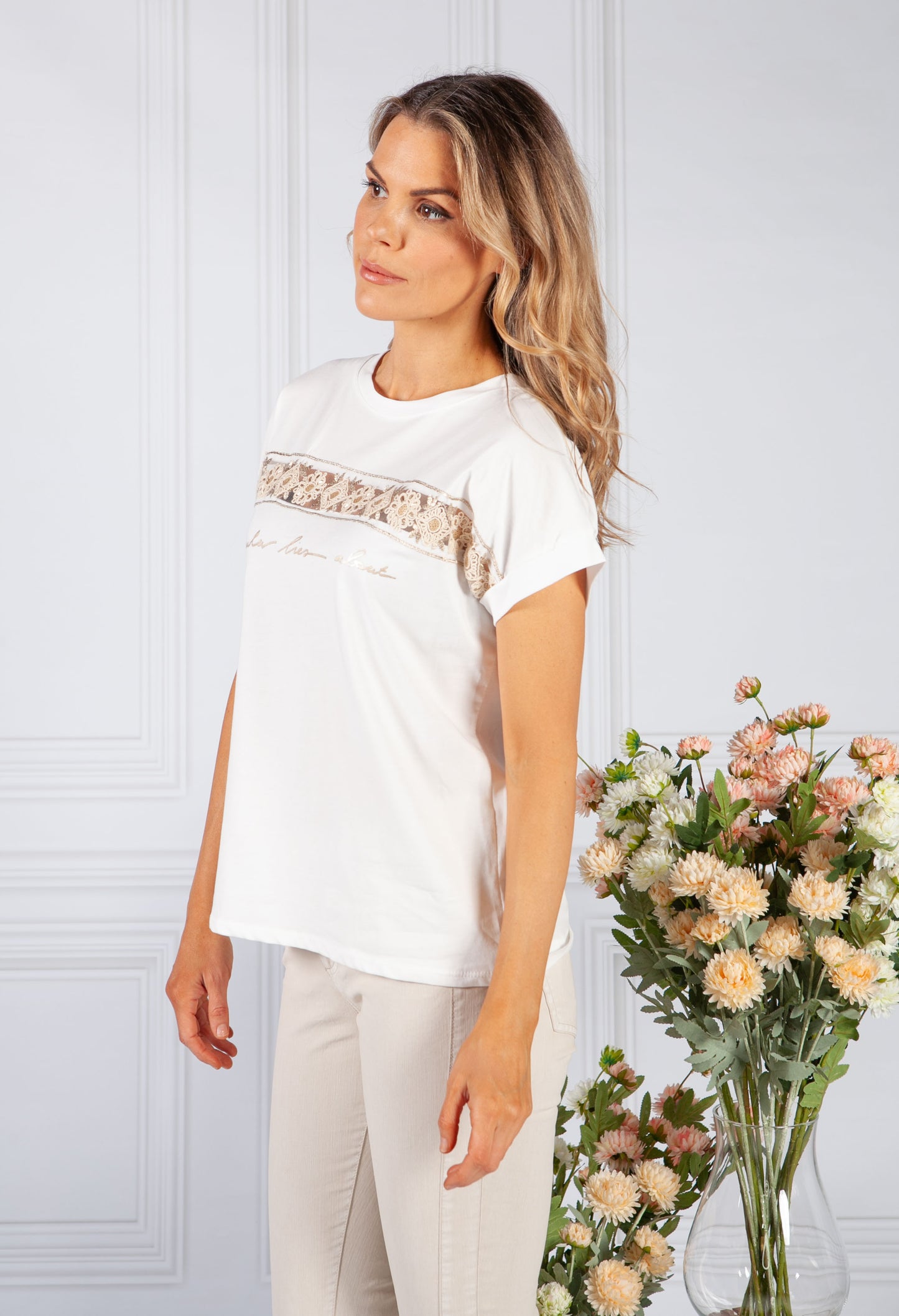 Cream T-Shirt with Lace Panel