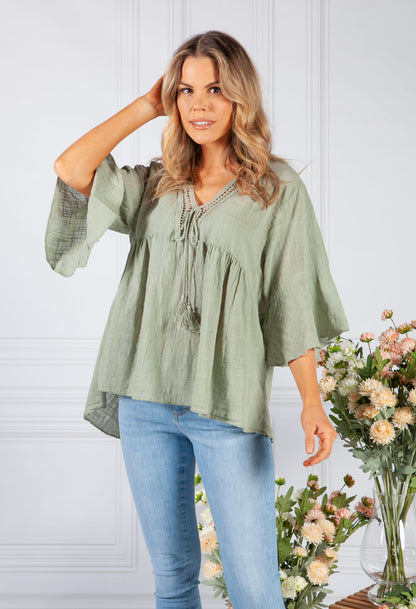 Sun Faded Khaki Lace Neckline Linen Look Blouse