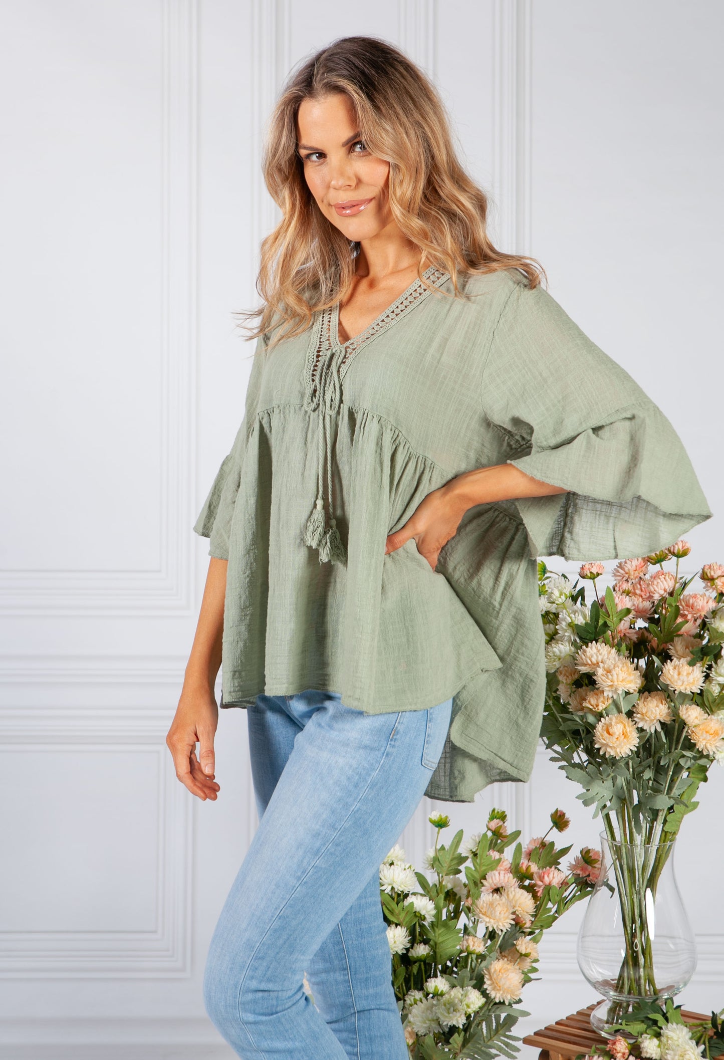 Sun Faded Khaki Lace Neckline Linen Look Blouse