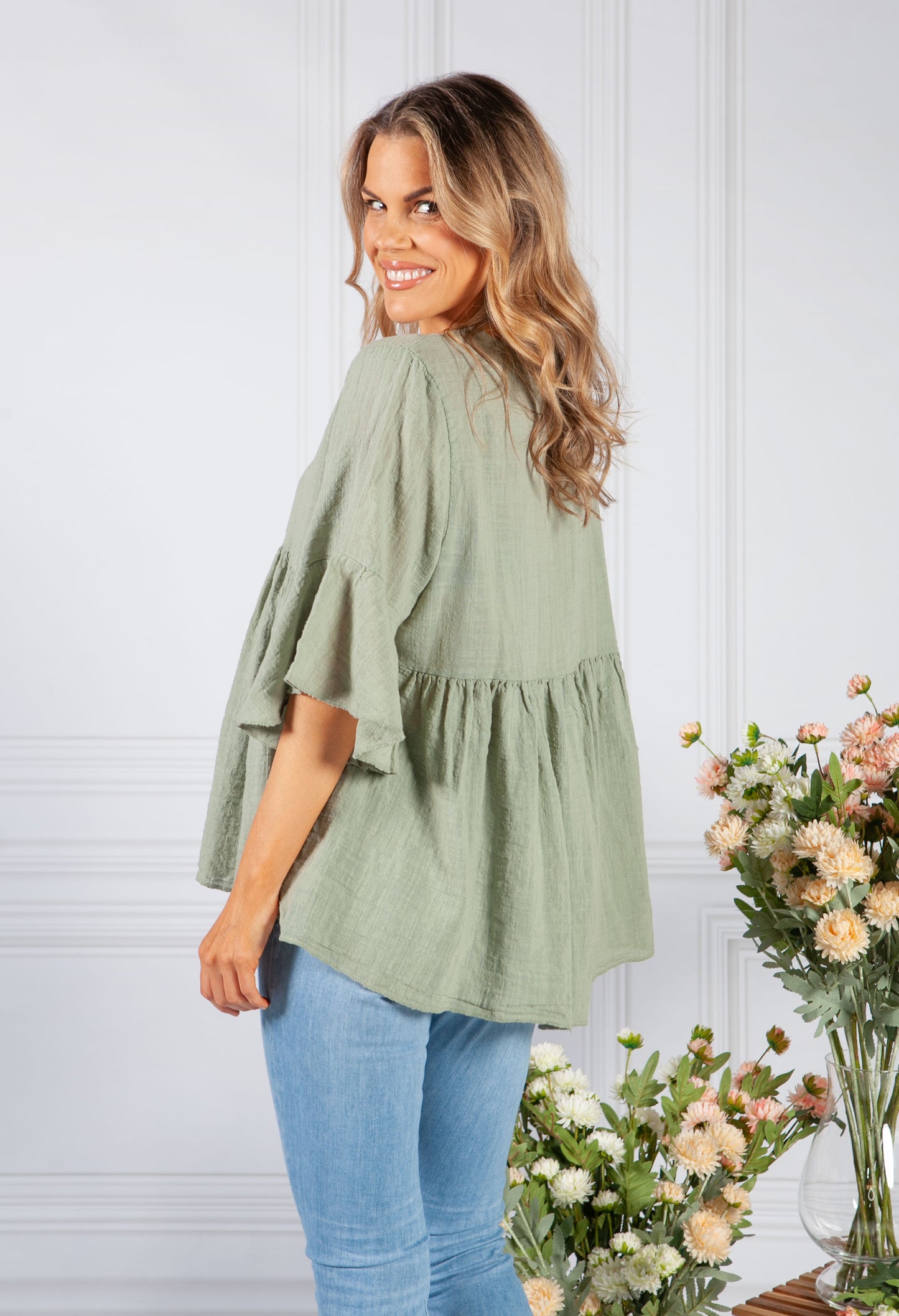 Sun Faded Khaki Lace Neckline Linen Look Blouse