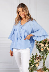 Light Blue Neckline Linen Look Blouse