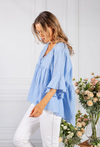 Light Blue Neckline Linen Look Blouse