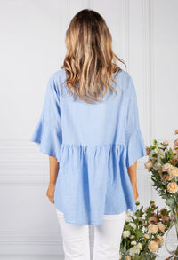 Light Blue Neckline Linen Look Blouse