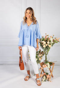 Light Blue Neckline Linen Look Blouse