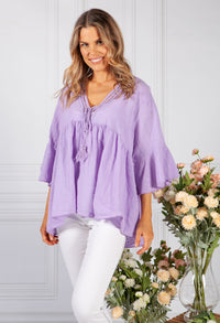 Wild Heather Lace Neckline Linen Look Blouse