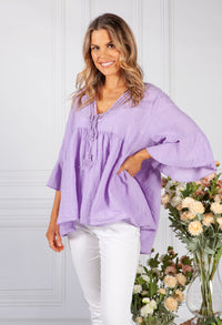 Wild Heather Lace Neckline Linen Look Blouse