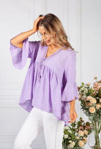 Wild Heather Lace Neckline Linen Look Blouse