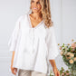 White Lace Neckline Linen Look Blouse