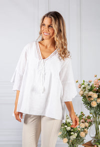 White Lace Neckline Linen Look Blouse