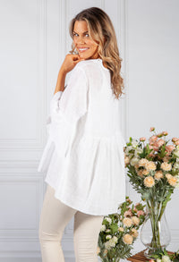 White Lace Neckline Linen Look Blouse