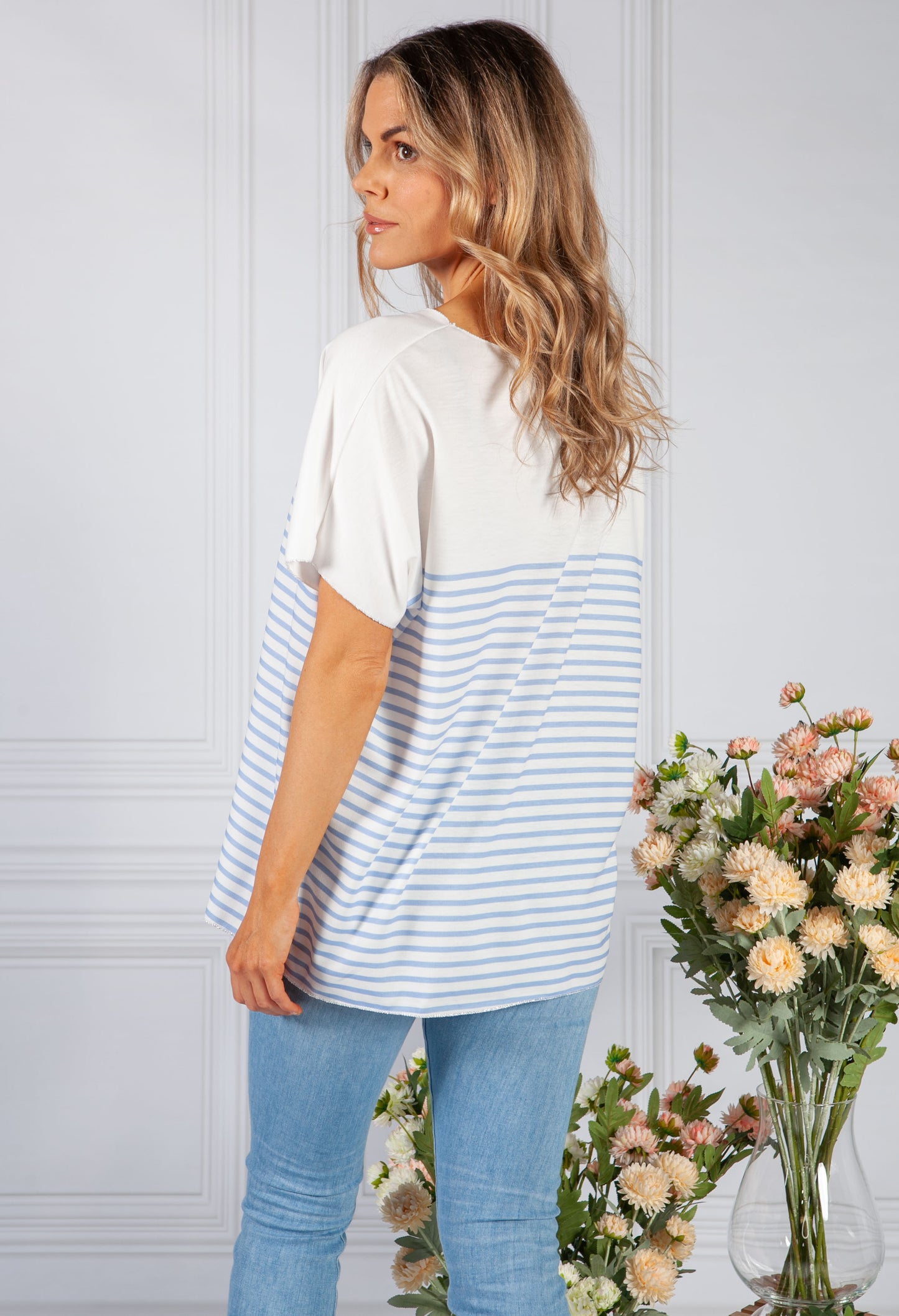 blue stripe top with star embellished detail