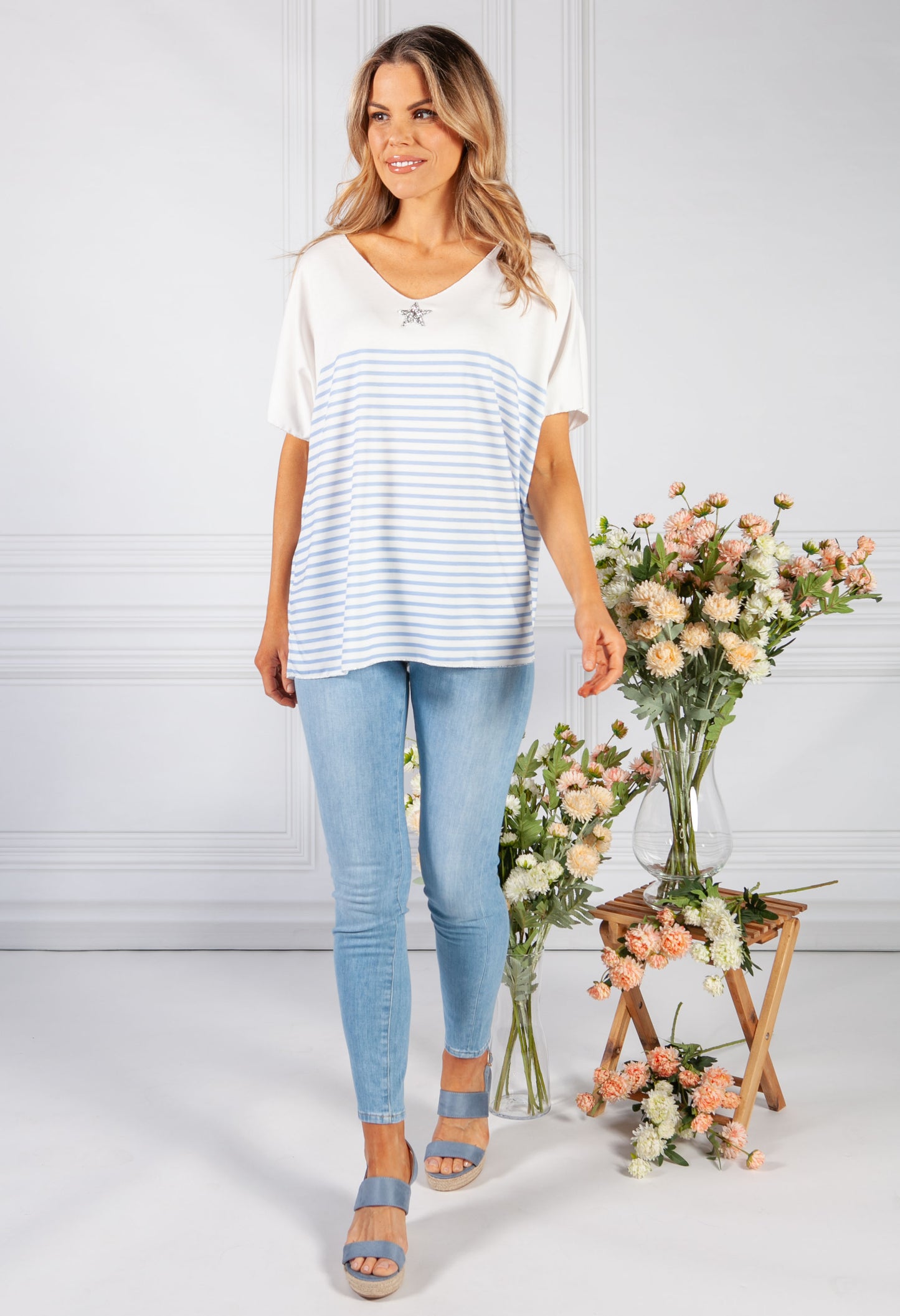 blue stripe top with star embellished detail