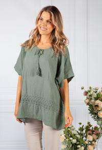 Khaki Tied Neck Linen Look Blouse