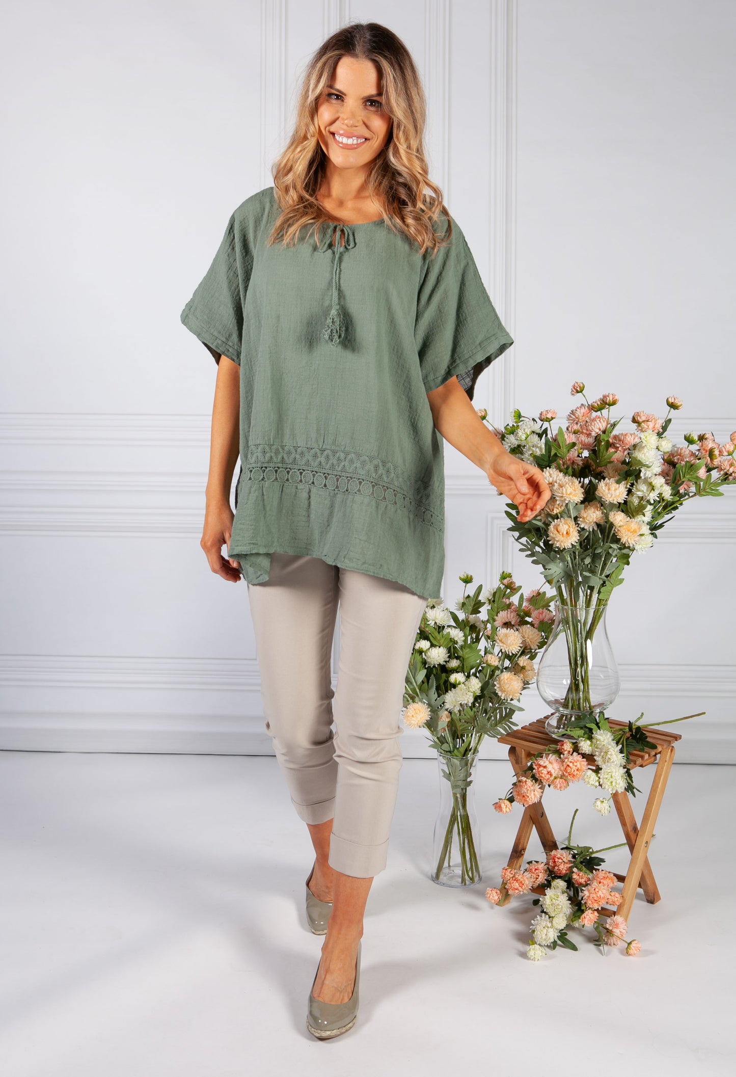 Khaki Tied Neck Linen Look Blouse