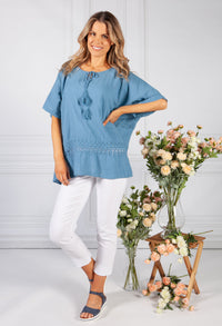 Cornflower Blue Tied Neck Linen Look Blouse