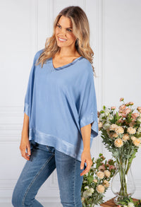 Blue Silk Feel Trim Top