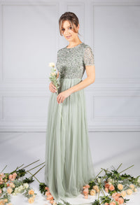 SAGE ROUND NECK SEQUIN AND TULLE DRESS