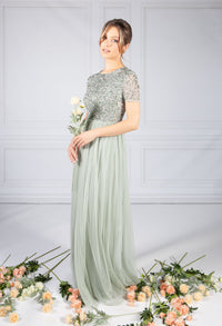 SAGE ROUND NECK SEQUIN AND TULLE DRESS