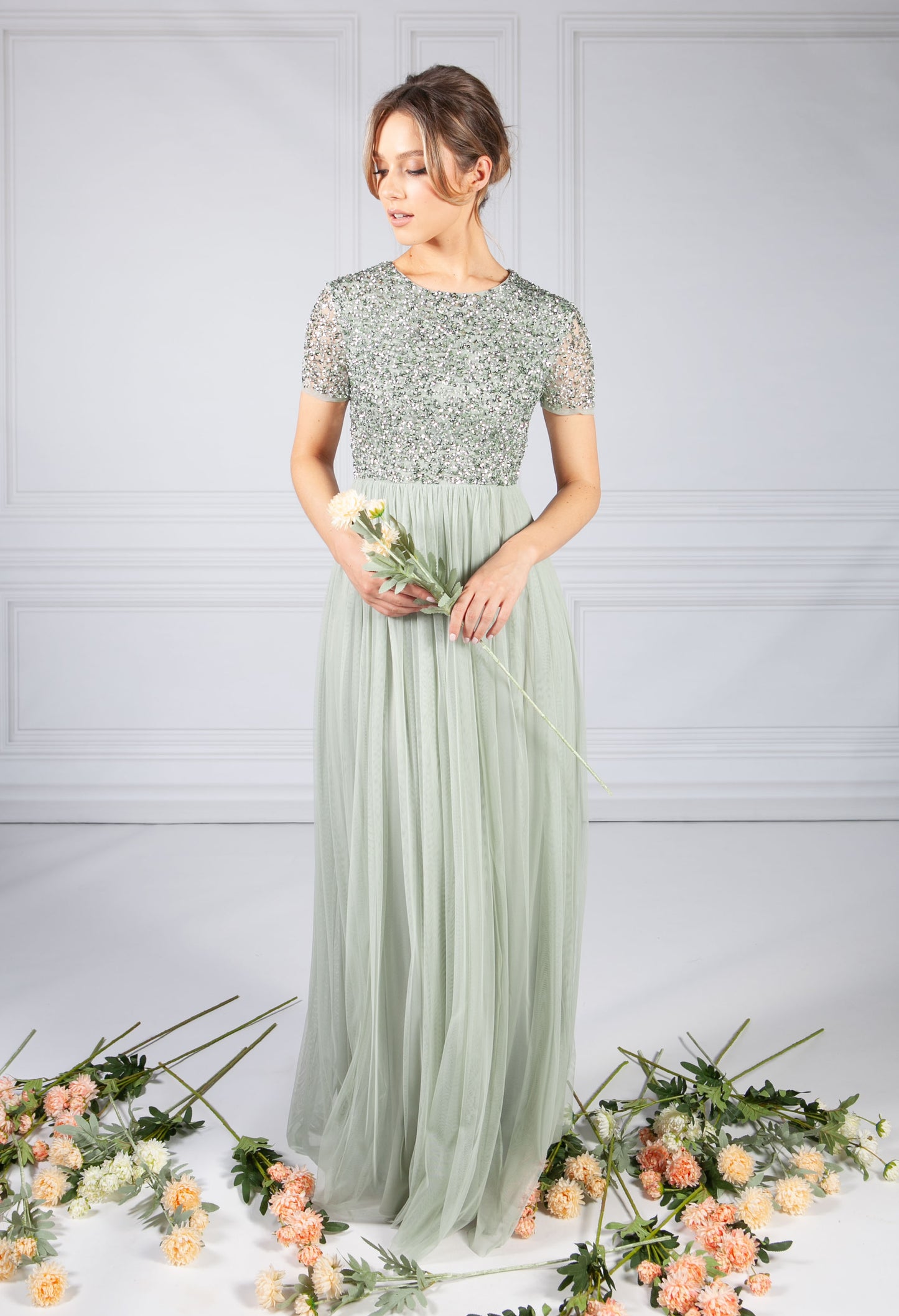 SAGE ROUND NECK SEQUIN AND TULLE DRESS