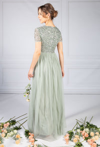 SAGE ROUND NECK SEQUIN AND TULLE DRESS