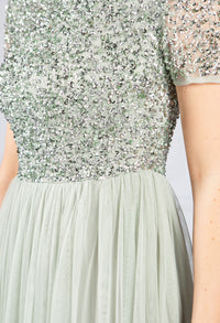 SAGE ROUND NECK SEQUIN AND TULLE DRESS