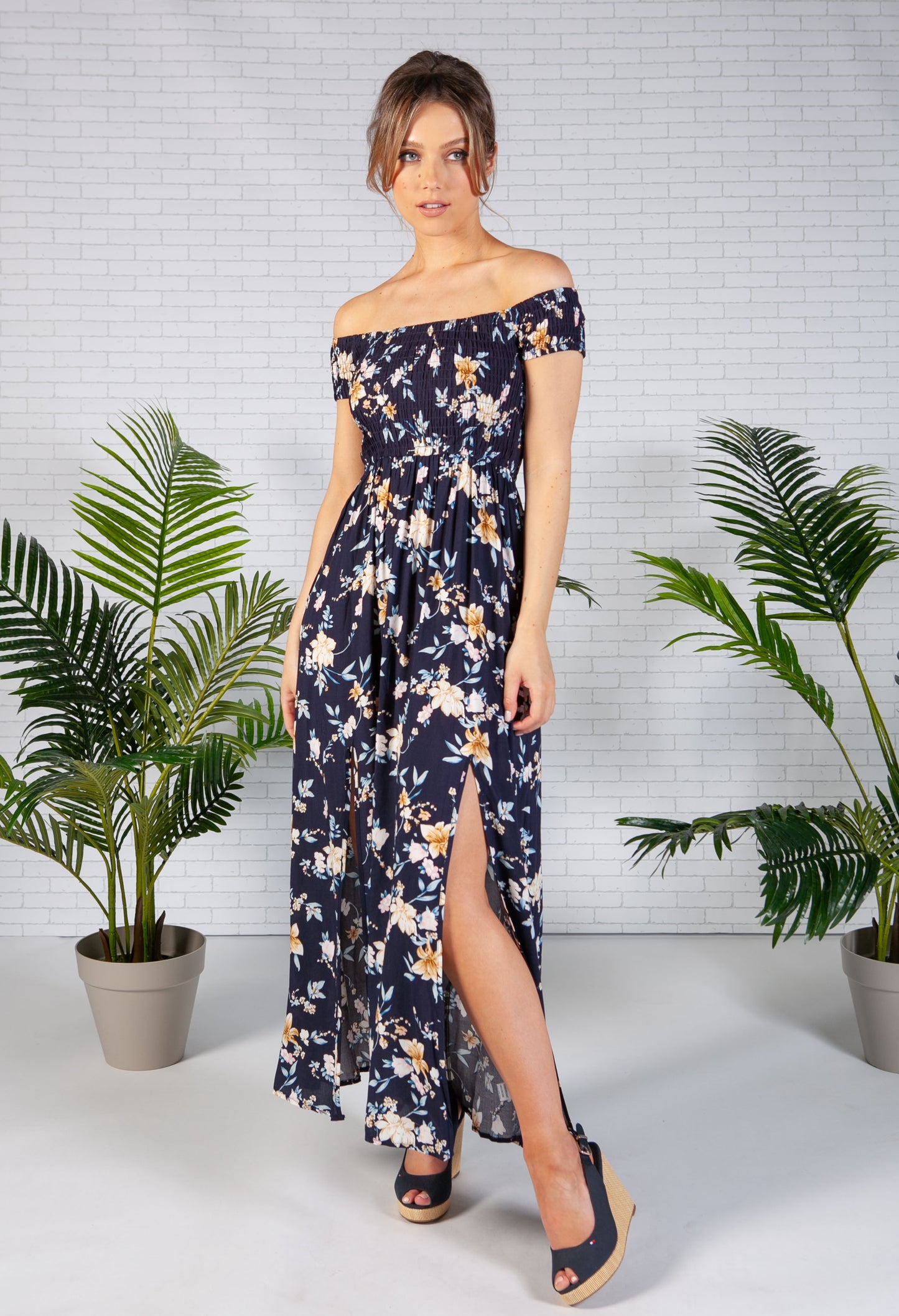 Floral Off the Shoulder Dress in Navy