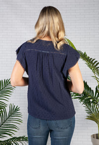 Lace Trim textured top in Navy