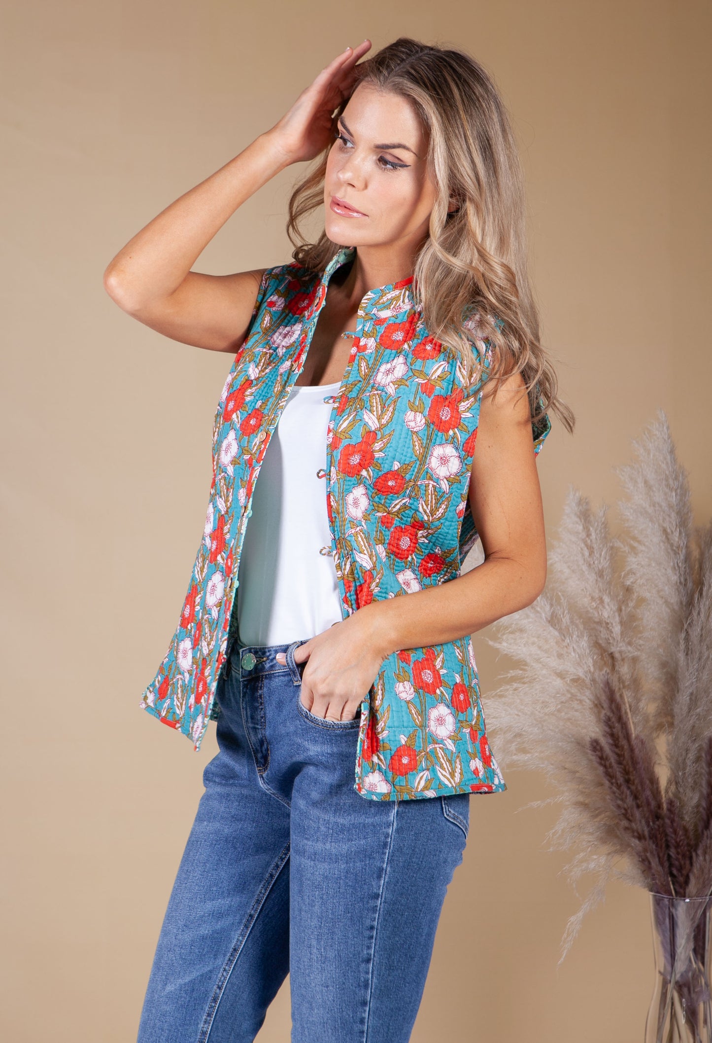 Blue and Turquoise Vintage Print Reversible Gilet