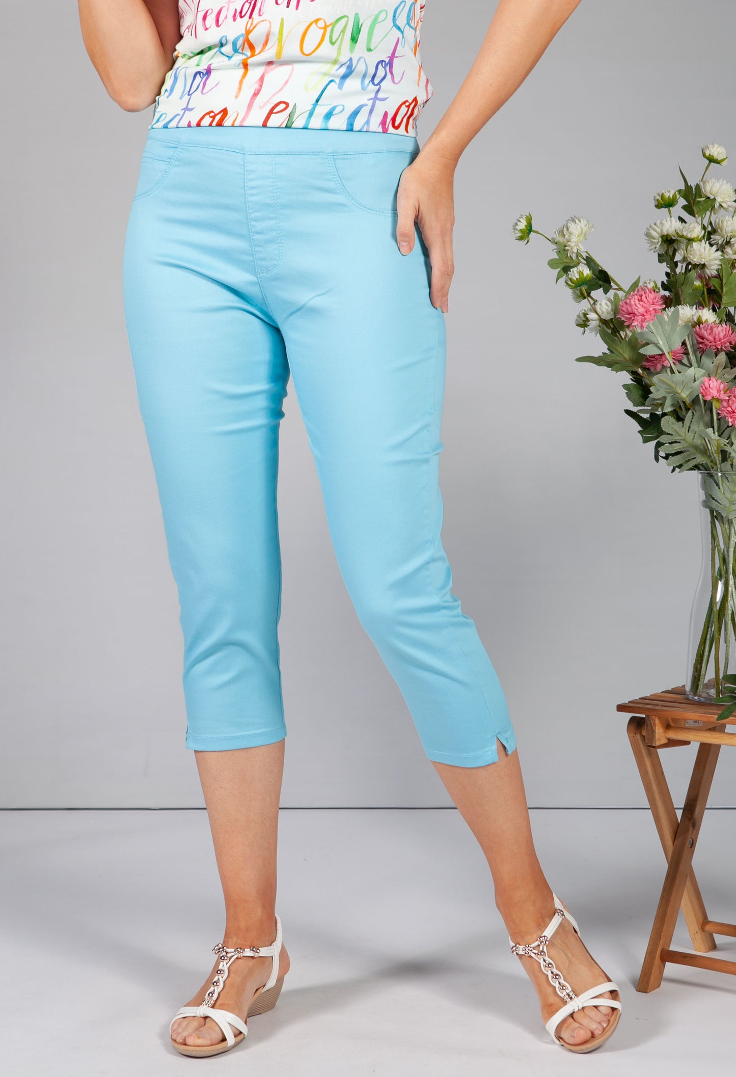 Turquoise Cropped Pull Up Jeans