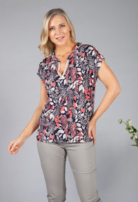 Lace Sleeve Floral Top in Navy