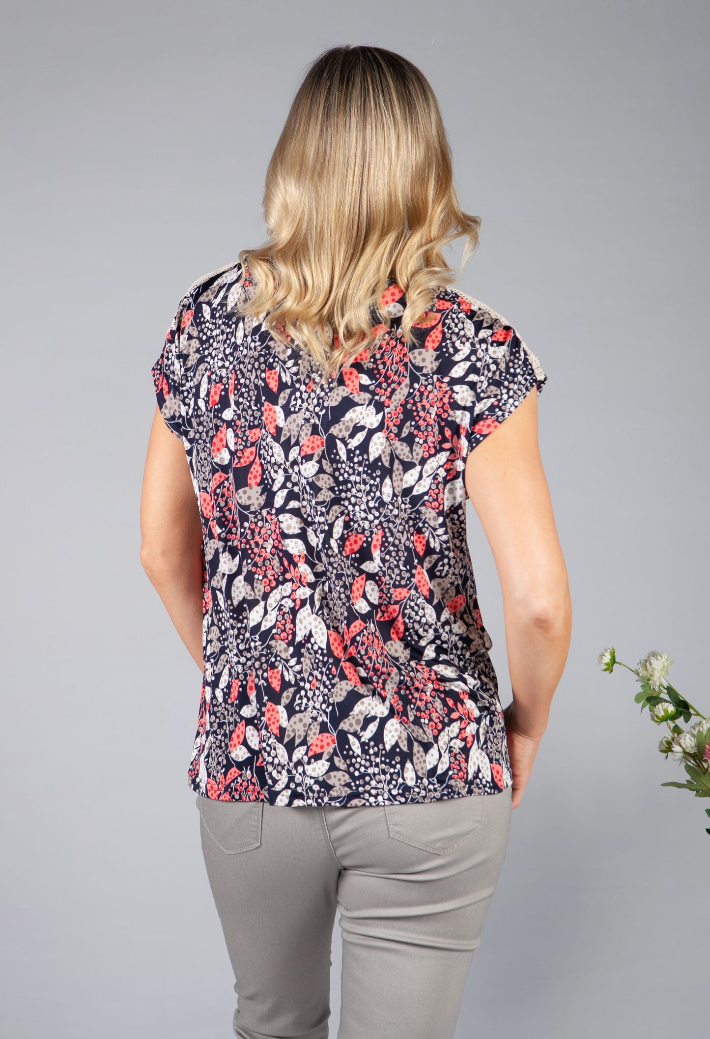 Lace Sleeve Floral Top in Navy