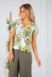 LEAF PRINT TOP WITH STUD DETAIL IN KHAKI