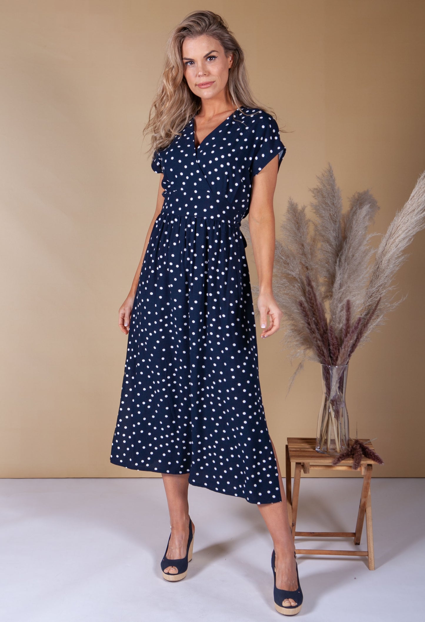 Faux Wrap Navy Polka Dot Dress