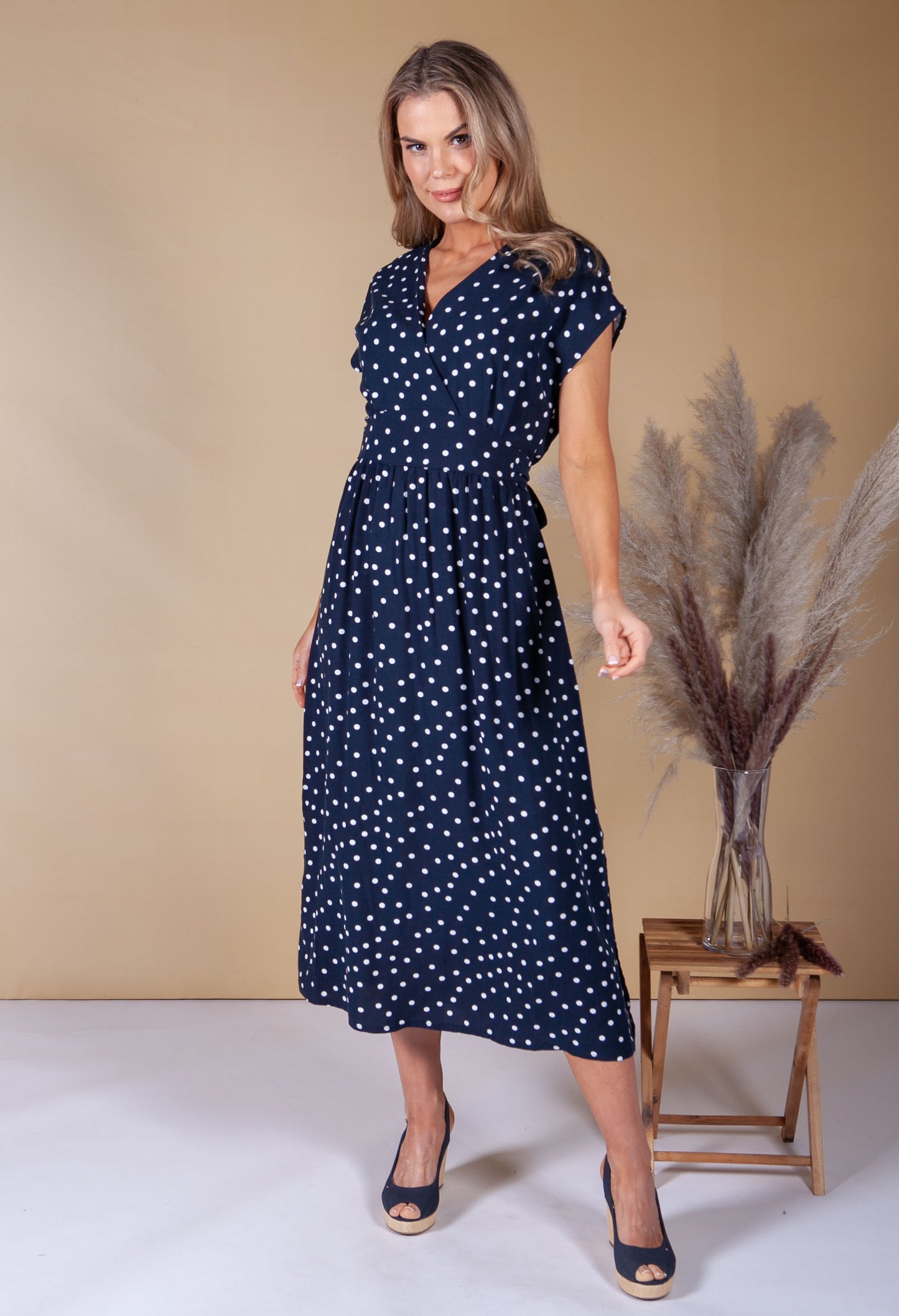 Faux Wrap Navy Polka Dot Dress