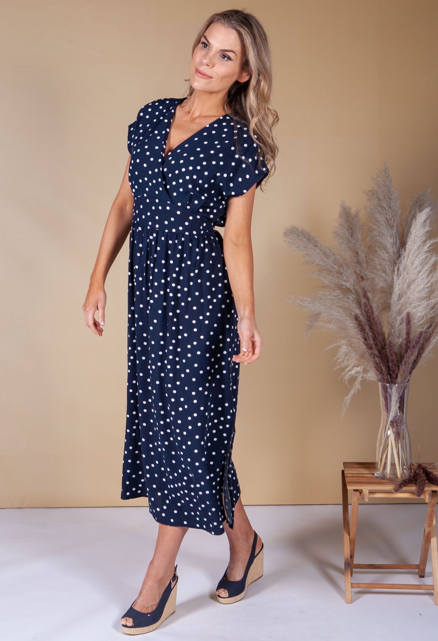 Faux Wrap Navy Polka Dot Dress