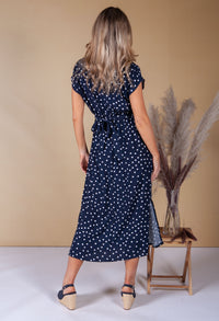 Faux Wrap Navy Polka Dot Dress