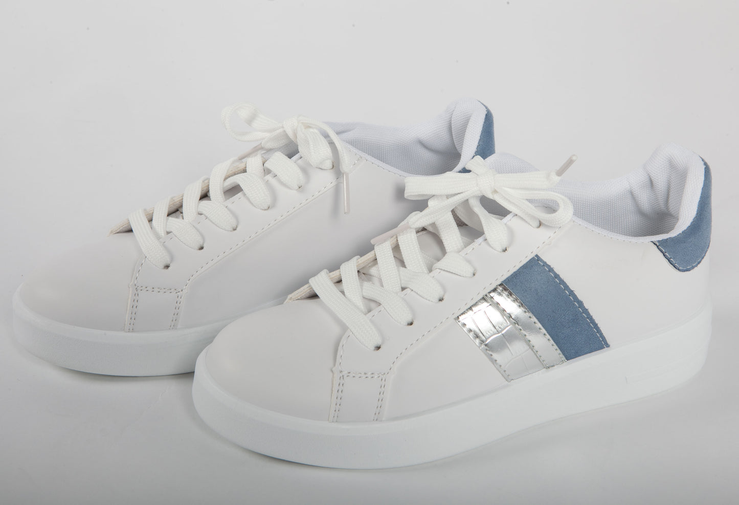 White Faux Leather 6 eye laced Blue Collar and Stripe Trainer