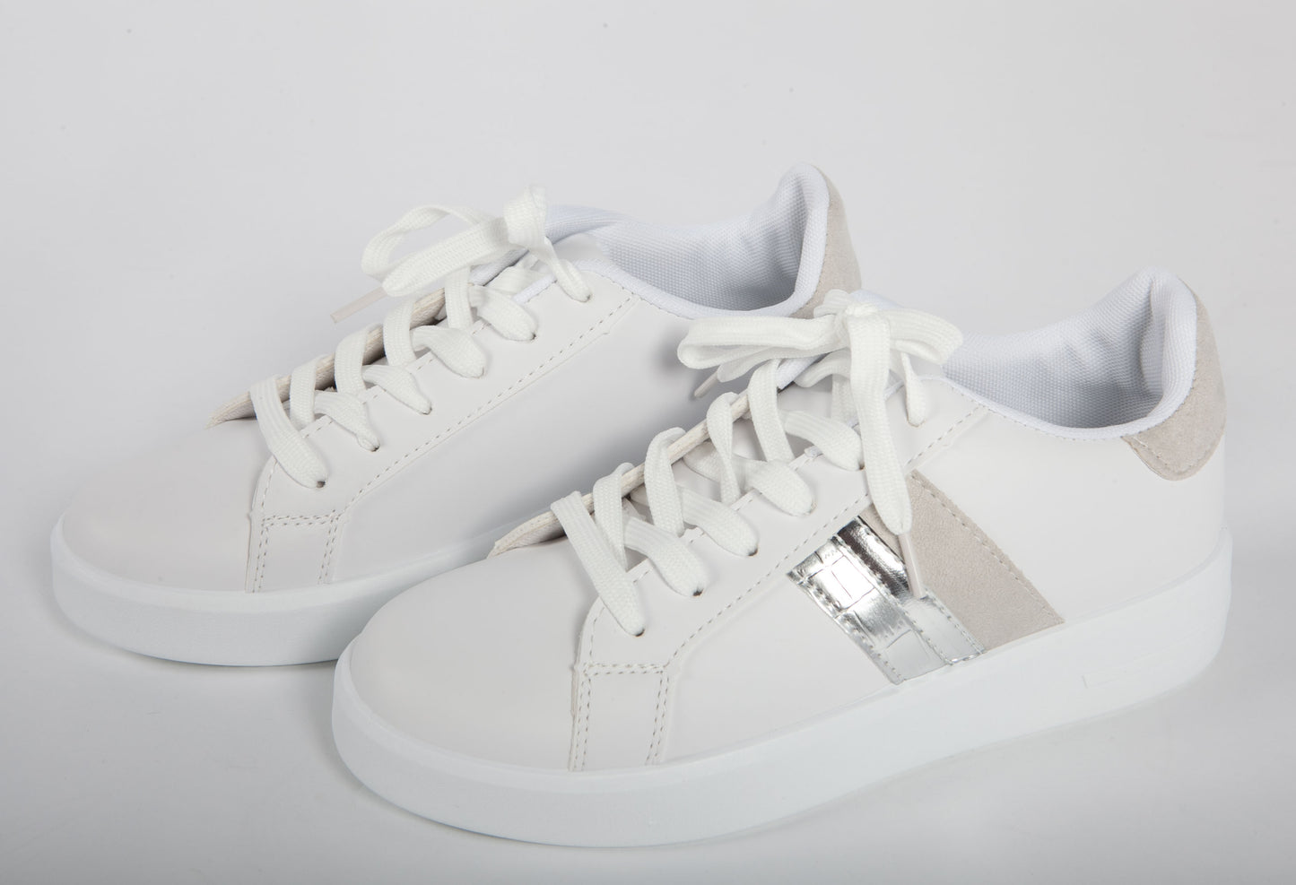 White Faux Leather 6 eye laced Grey Collar and Stripe Trainer