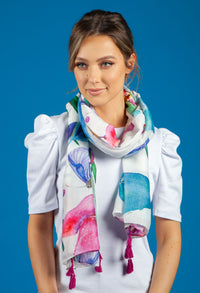 Floral and Palm Print Scarf with Tassel Corners