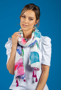 Floral and Palm Print Scarf with Tassel Corners