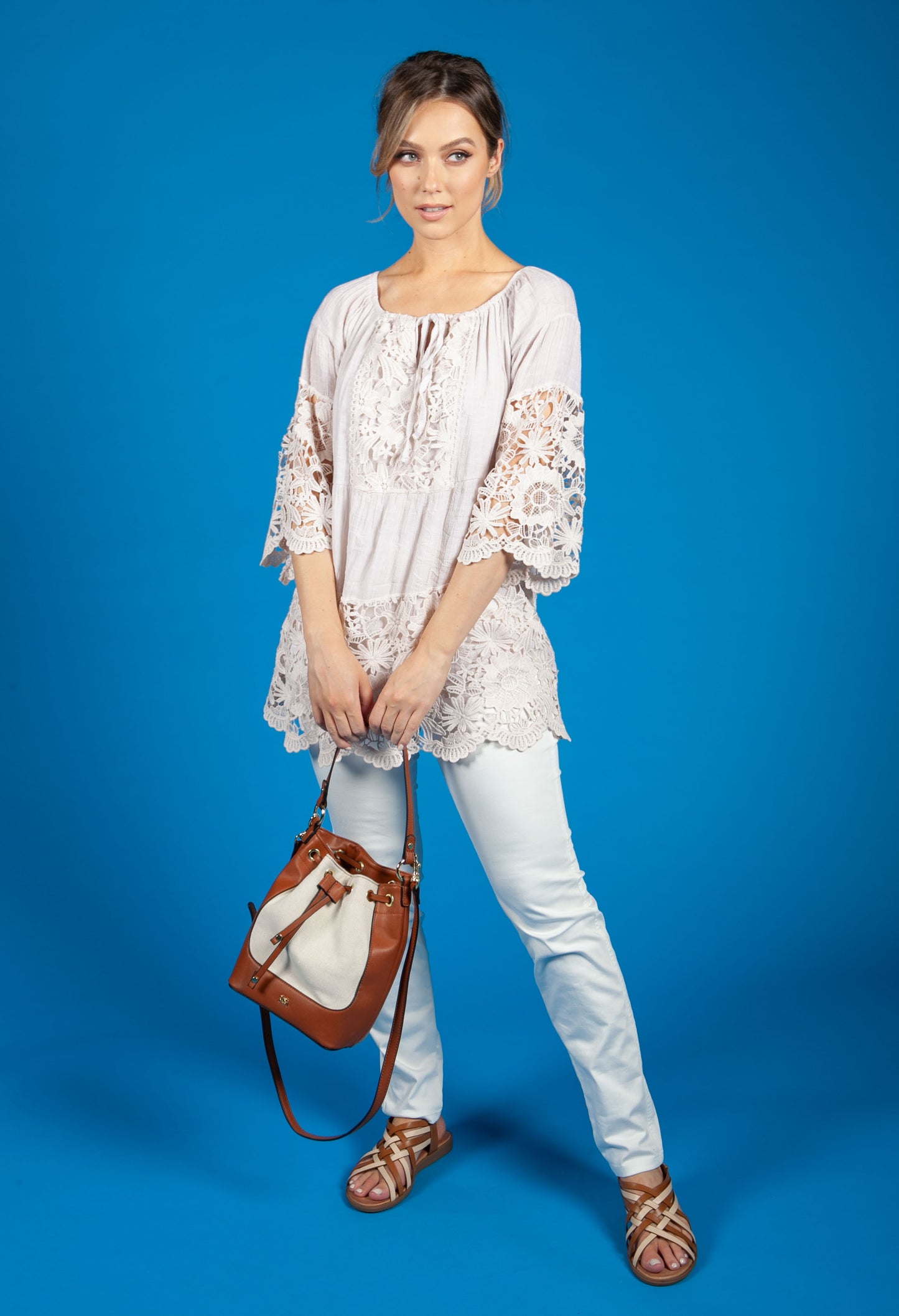 Lace Panel Relaxed Fit Blouse in Beige