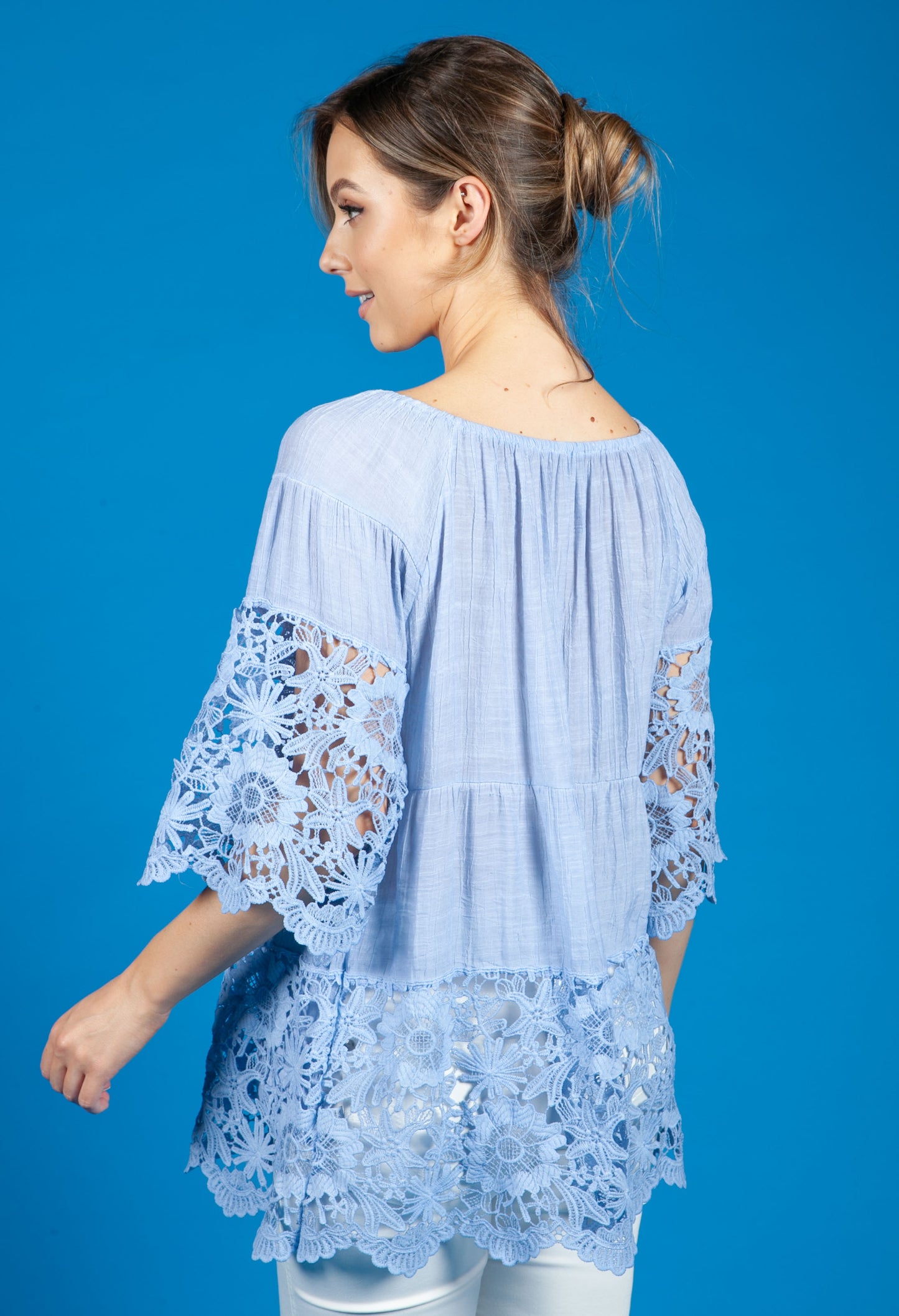 Lace panel Relaxed Fit Blouse in Faded Blue