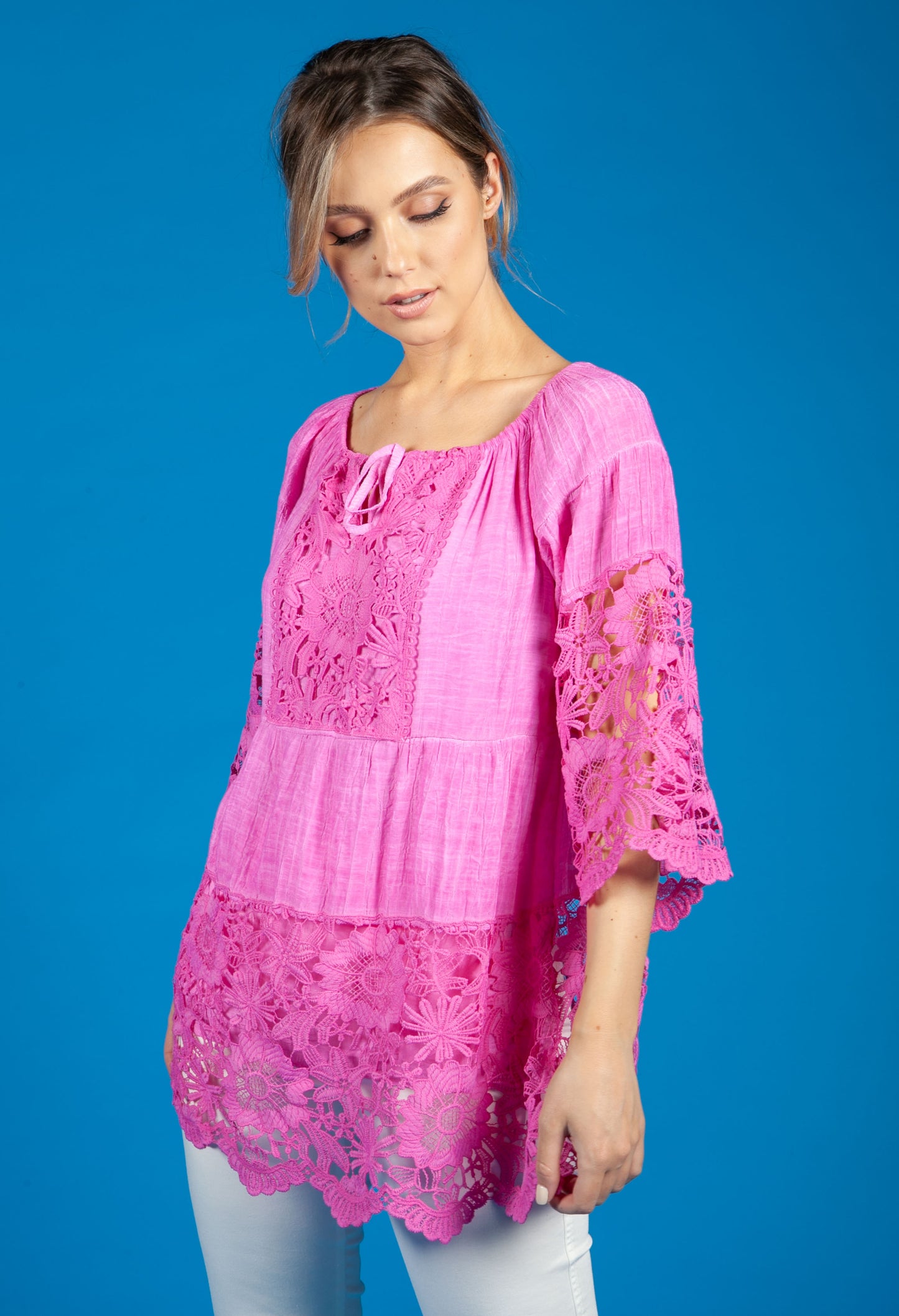 Lace Panel relaxed Fit Blouse in Fuchsia