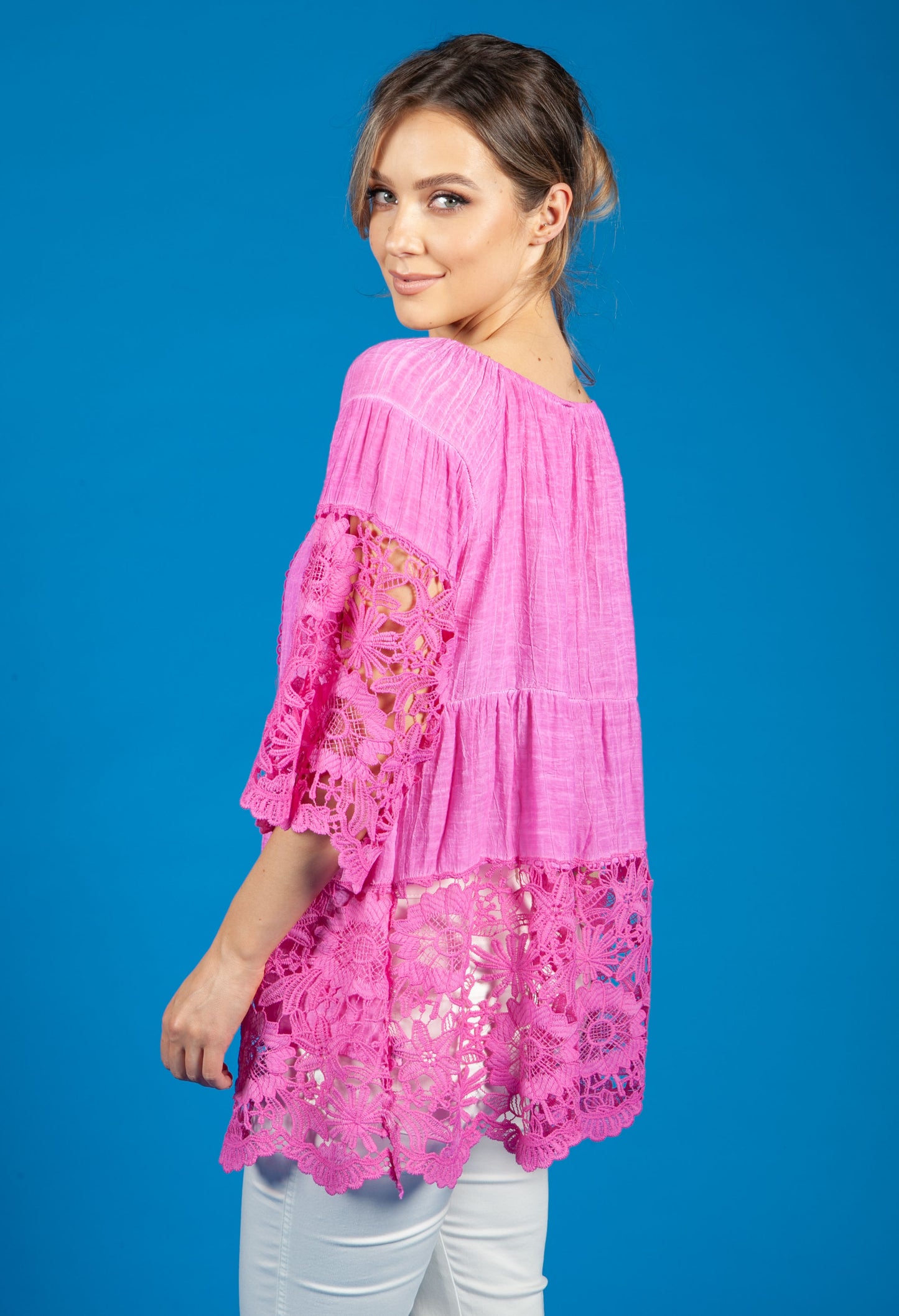 Lace Panel relaxed Fit Blouse in Fuchsia