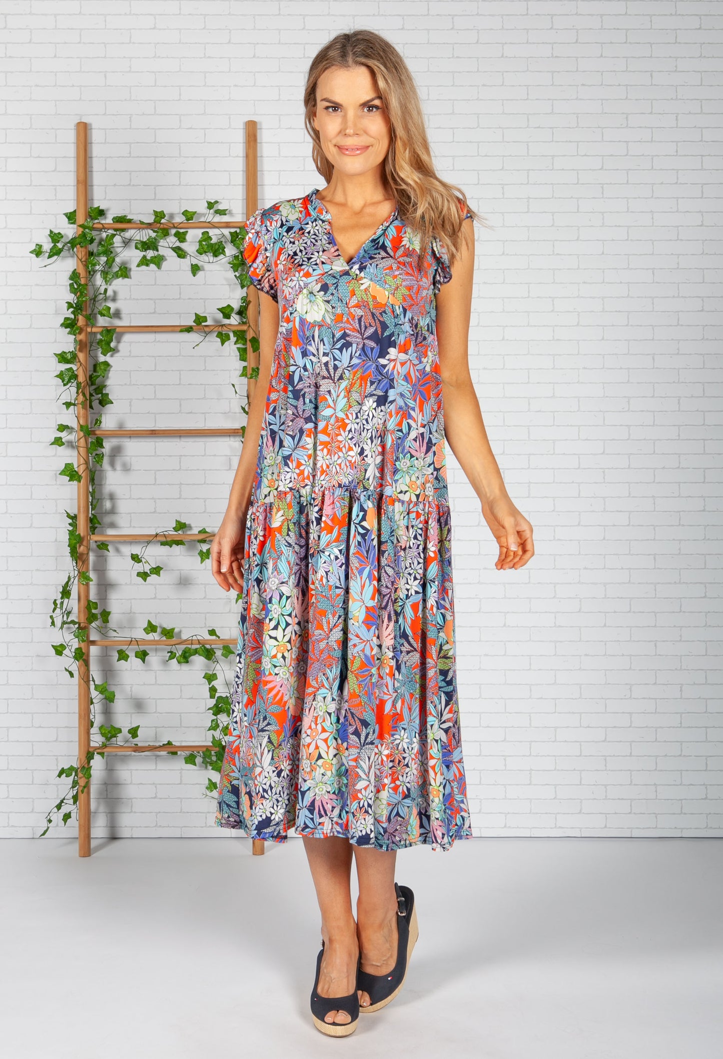 Tropic Print Dress in Navy