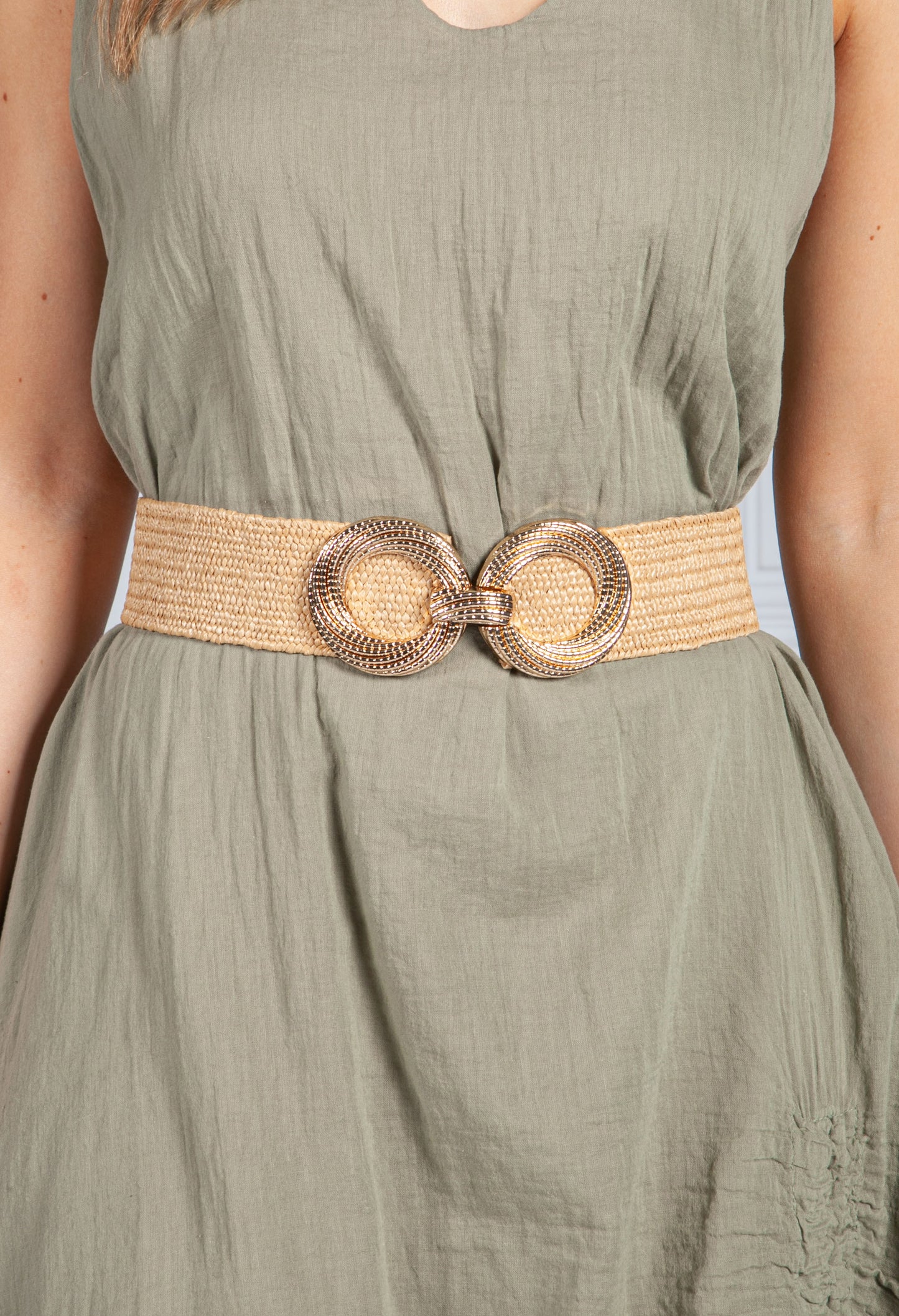 Gold Buckle Light Wicker Belt