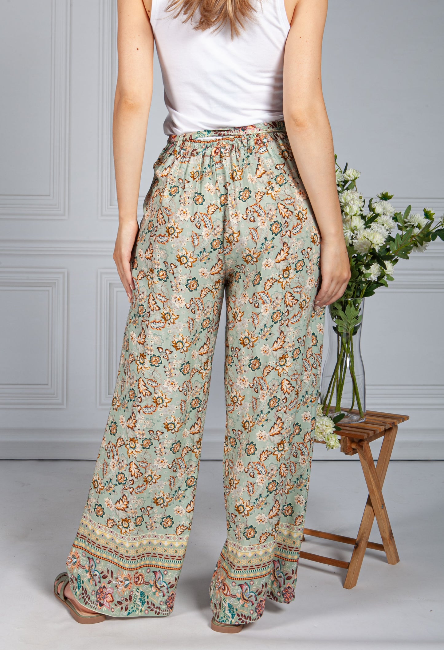 Vintage Floral Print Trousers in Sage