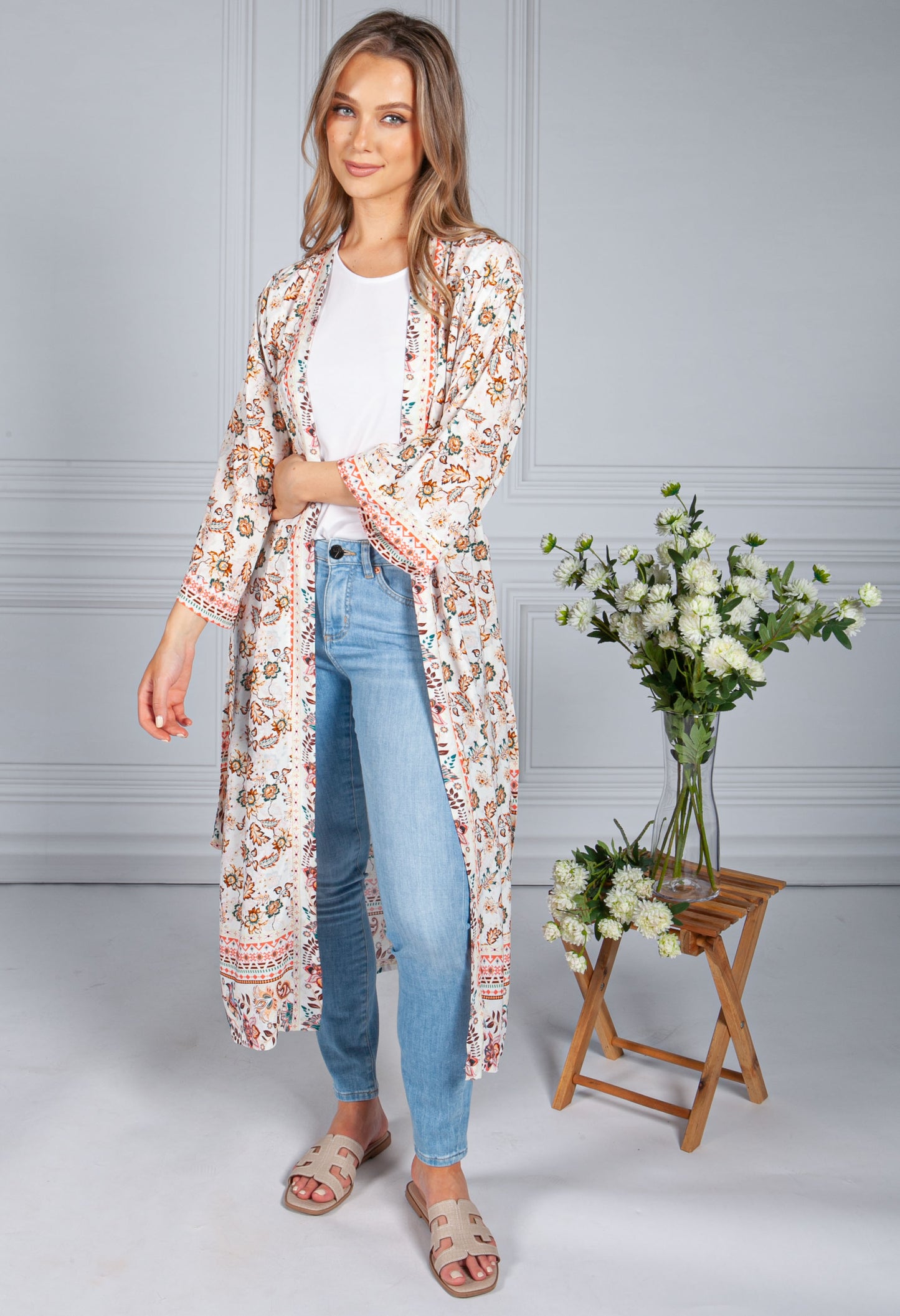 Vintage Floral Print Long Kimono Style Cardigan in Cream