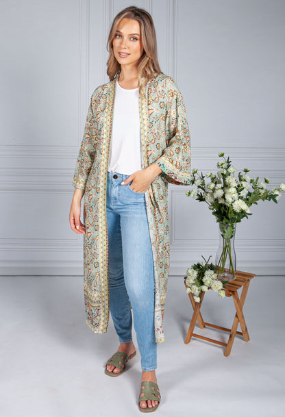 Vintage Floral Print Long Kimono Style Cardigan in Sage